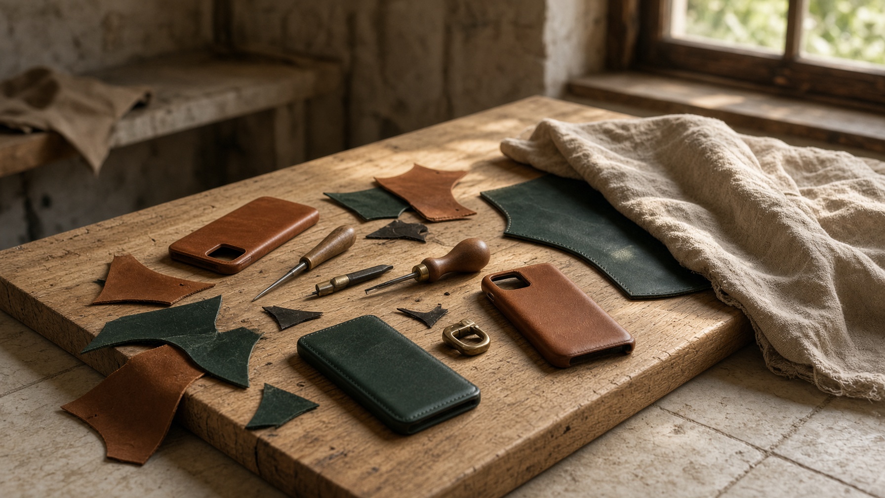 Leather being worked on a wooden bench